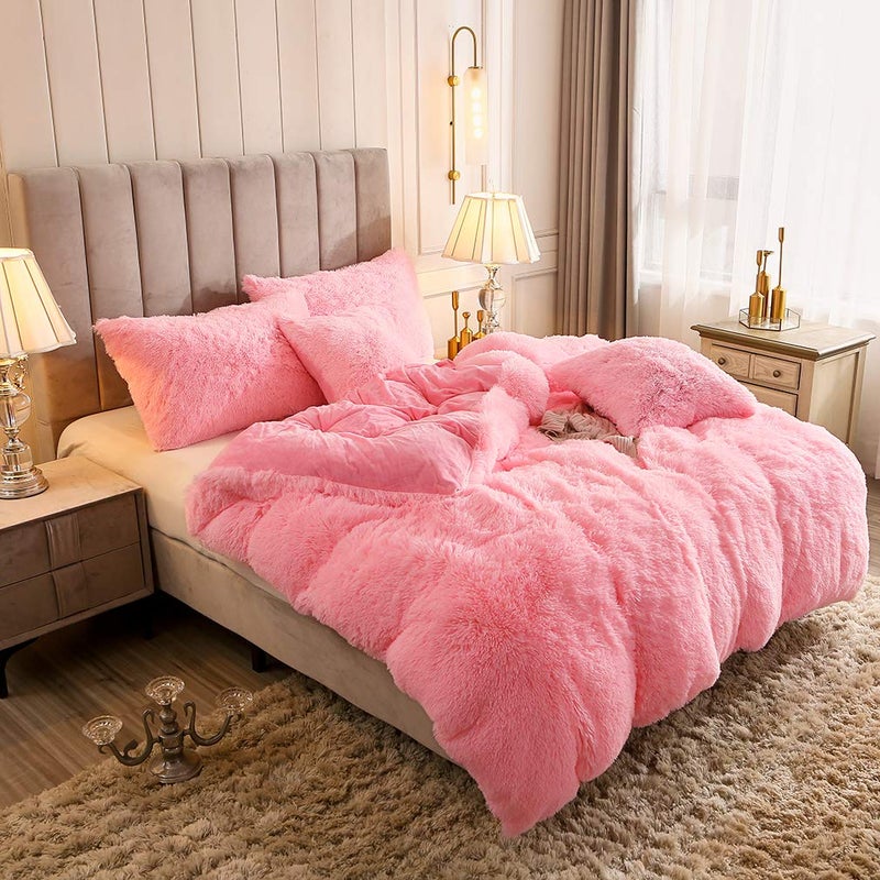 Uhamho Faux Fur Velvet Fluffy Bedding Duvet Cover Set Down Comforter Quilt Cover with Pillow Shams, Ultra Soft Warm (King, Pink) - Image 2